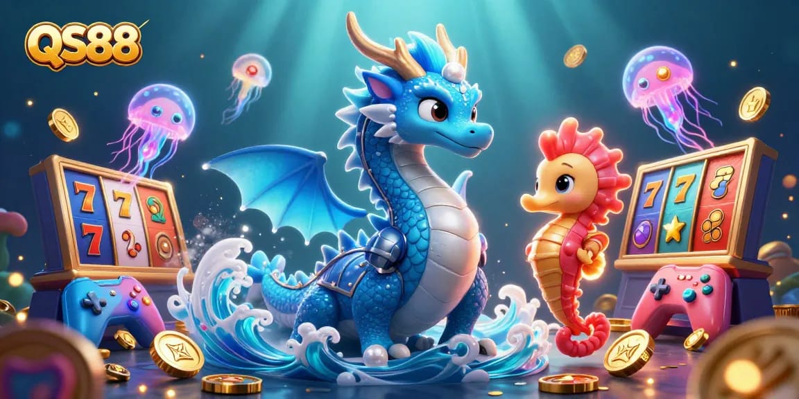 Experience the excitement of QS88 with a vibrant underwater scene featuring a water dragon, seahorse knight, and colorful slot machines.