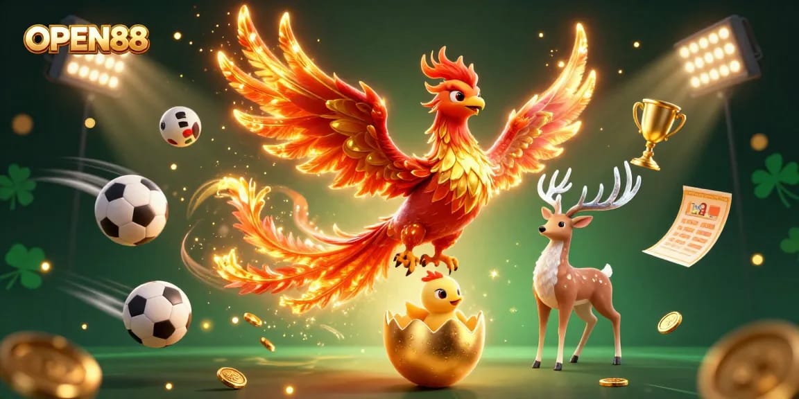 Engage in thrilling sports betting at OPEN88 with a vibrant illustration of a fiery phoenix, golden egg, and dynamic game elements.
