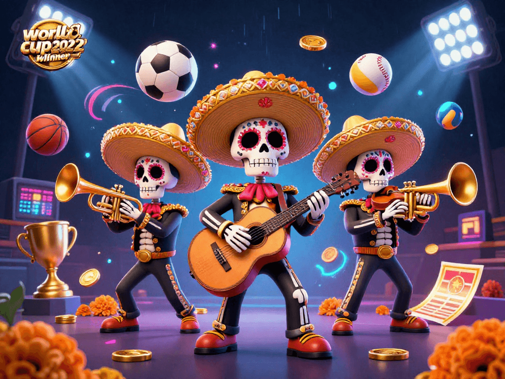 Bet on world cup 2022 winner with vibrant 3D illustration of mariachi skeletons and sports elements