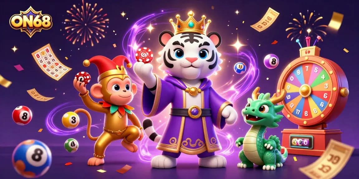 Experience ON68's exciting atmosphere with a colorful 3D casino scene showcasing dynamic game elements and characters.