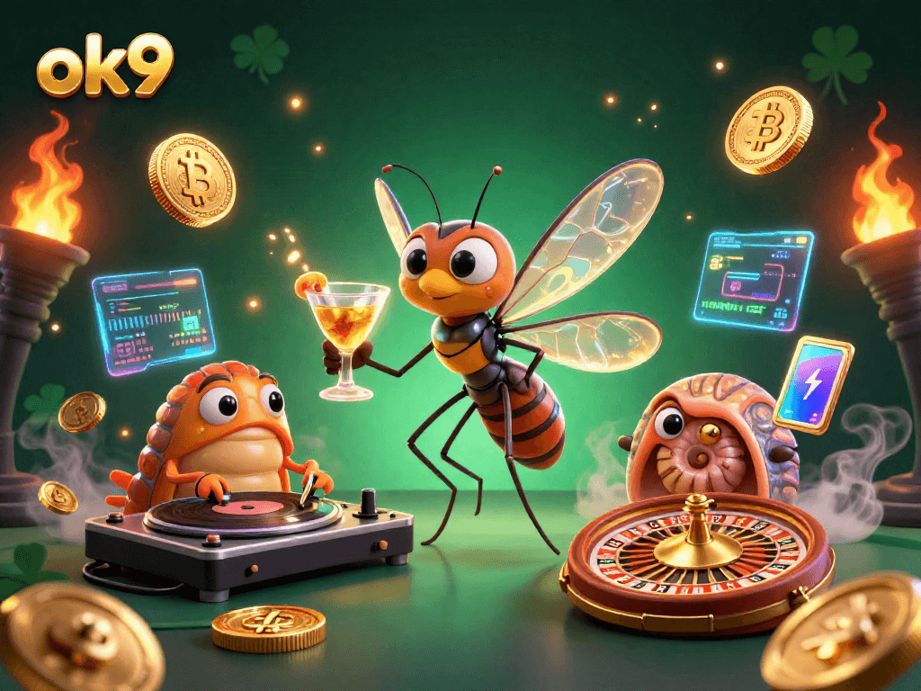Experience the thrill of online gaming with OK9's unique casino mascot and dynamic elements.