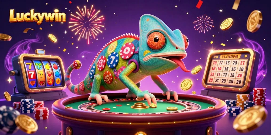 Join Luckywin's thrilling casino adventure with a chameleon snatching golden coins in an exciting gaming scene.