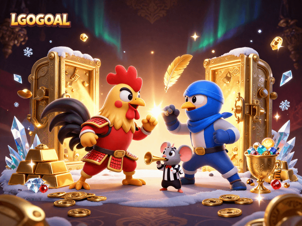 Experience thrilling competition at LGOGOAL with dynamic rooster fighters in a vibrant casino backdrop.