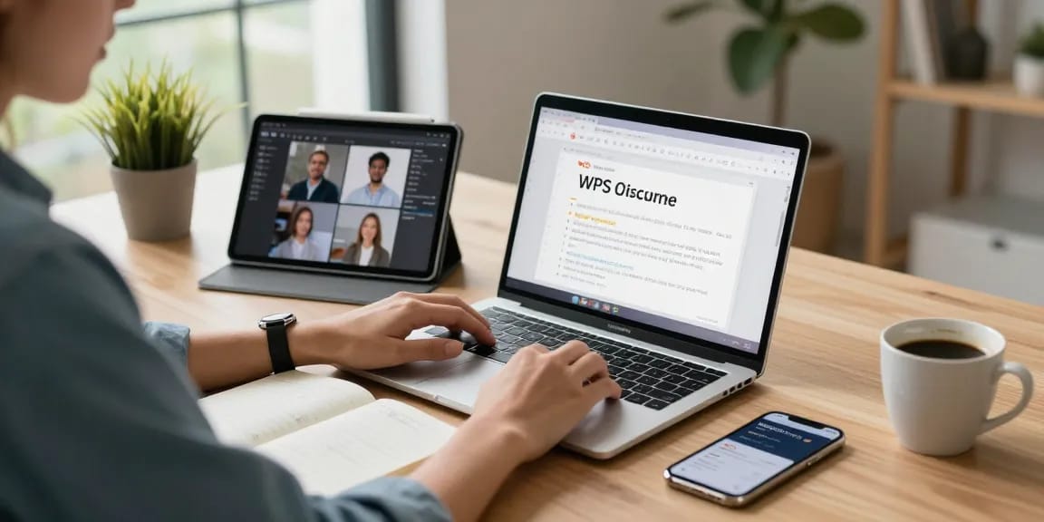 在家办公场景中,使用WPS Office 下载进行文档协作,桌上有笔记本和咖啡,创造高效环境
