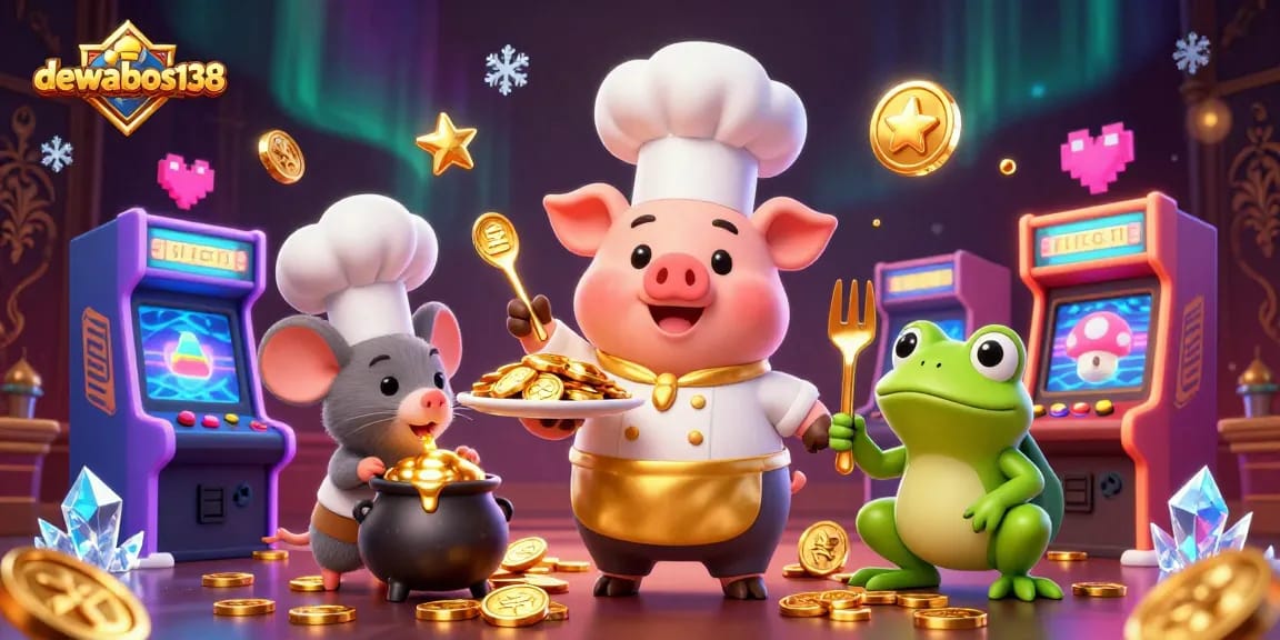 Join the excitement at dewabos138 with a vibrant 3D casino scene featuring a pig chef, mouse, and frog, celebrating gold coins and gaming.
