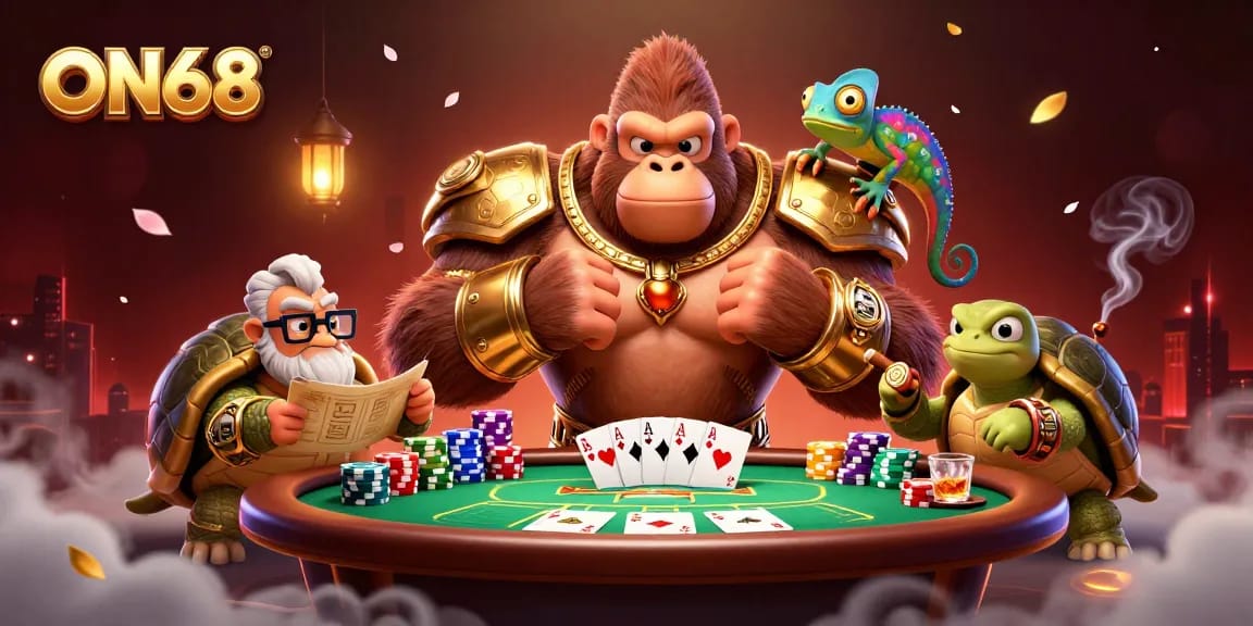 ON68 casino king with chameleon and tortoise amidst vibrant poker scene.