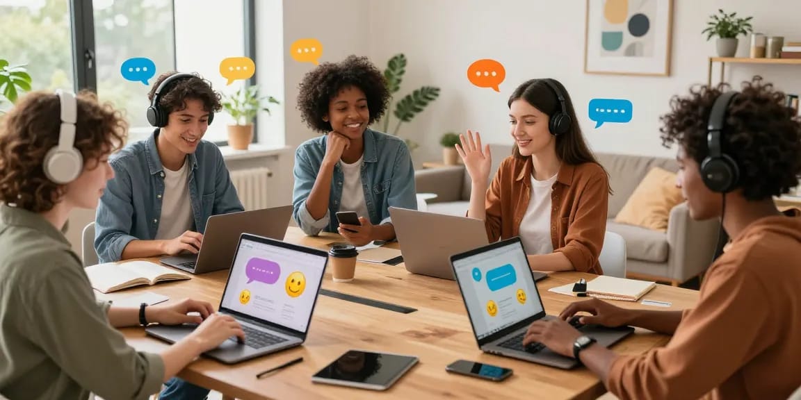 Engaging nsfw chat scene with diverse individuals enjoying playful conversations in a cozy home office.