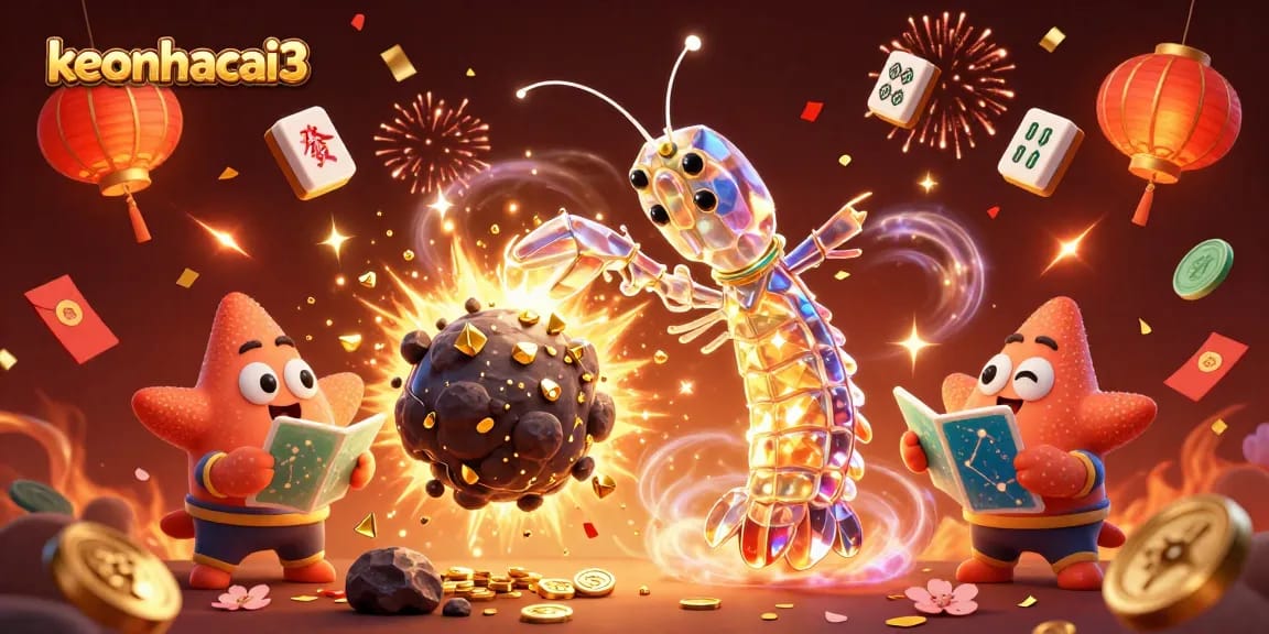 Experience thrilling action with the keonhacai3 illustration featuring vibrant 3D elements and gambling symbols.