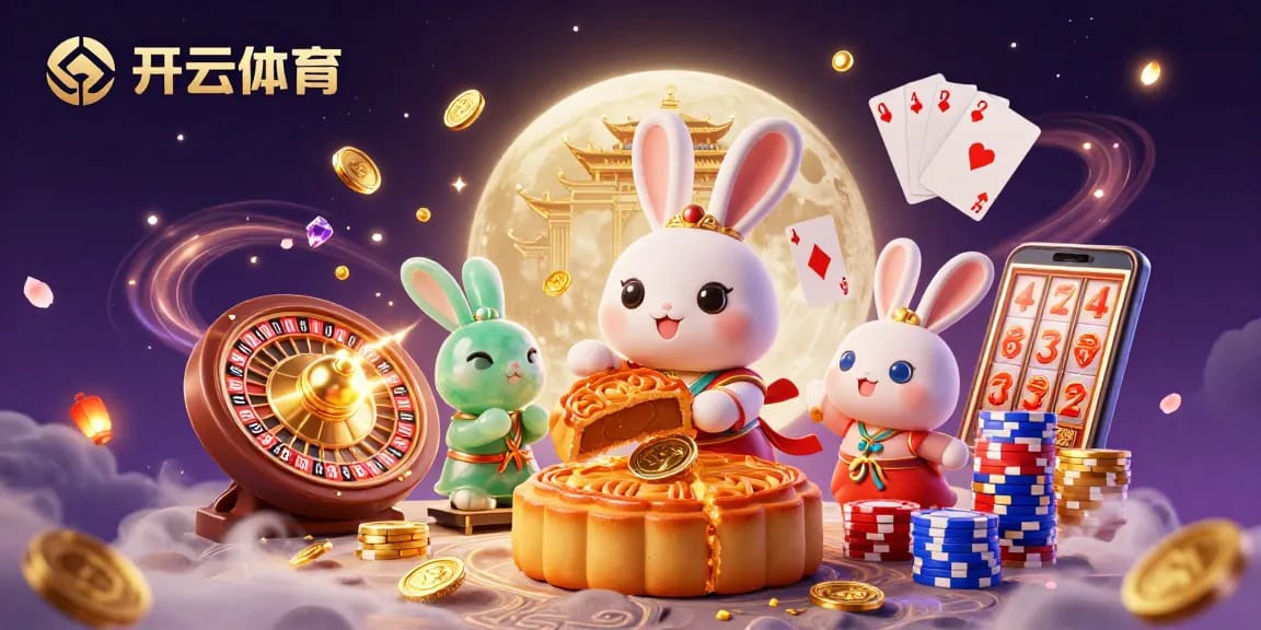在开云体育的3D插画中,月兔和玉兔正在月球上击打金色月饼,孔雀石旁边是丰富的赌场元素。