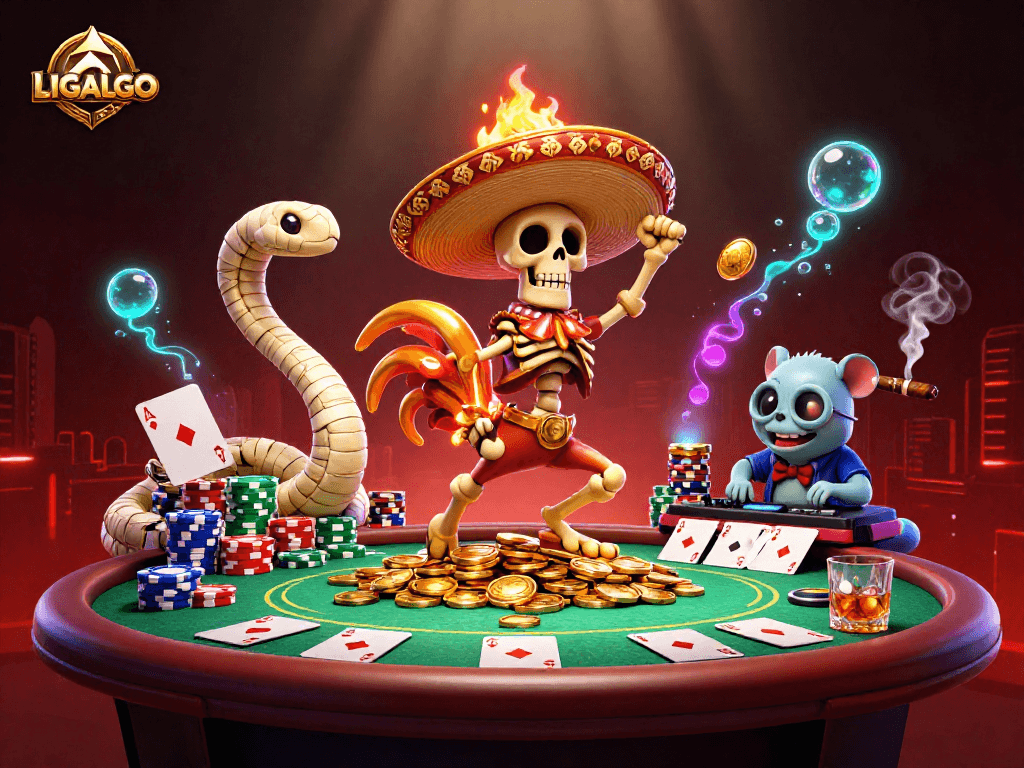 Experience LIGALGO's vibrant casino scene with animated characters and dynamic gambling elements.
