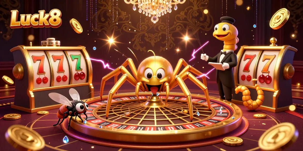 Luck8's animated scene showcases a golden spider and a centipede croupier surrounding dynamic slot elements and exciting game features.