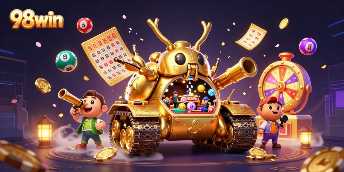 Engage in thrilling games at 98win with festive casino scene and dynamic prizes.