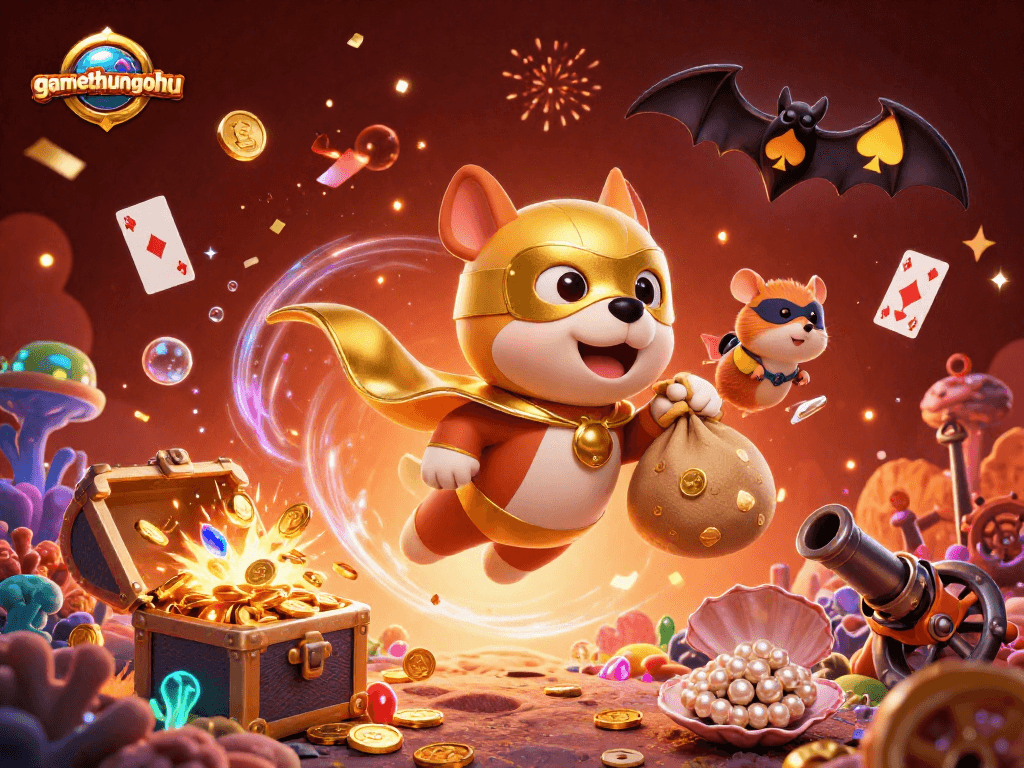 Experience gamethuongnohu with a superhero dog and vibrant casino elements in a dynamic 3D scene.