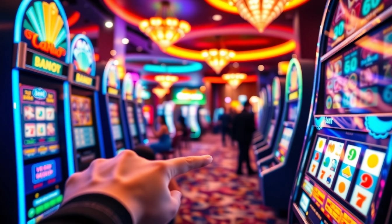 Permainan jalantoto di kasino dengan mesin slot berwarna-warni, menciptakan suasana yang hidup dan mengasyikkan.