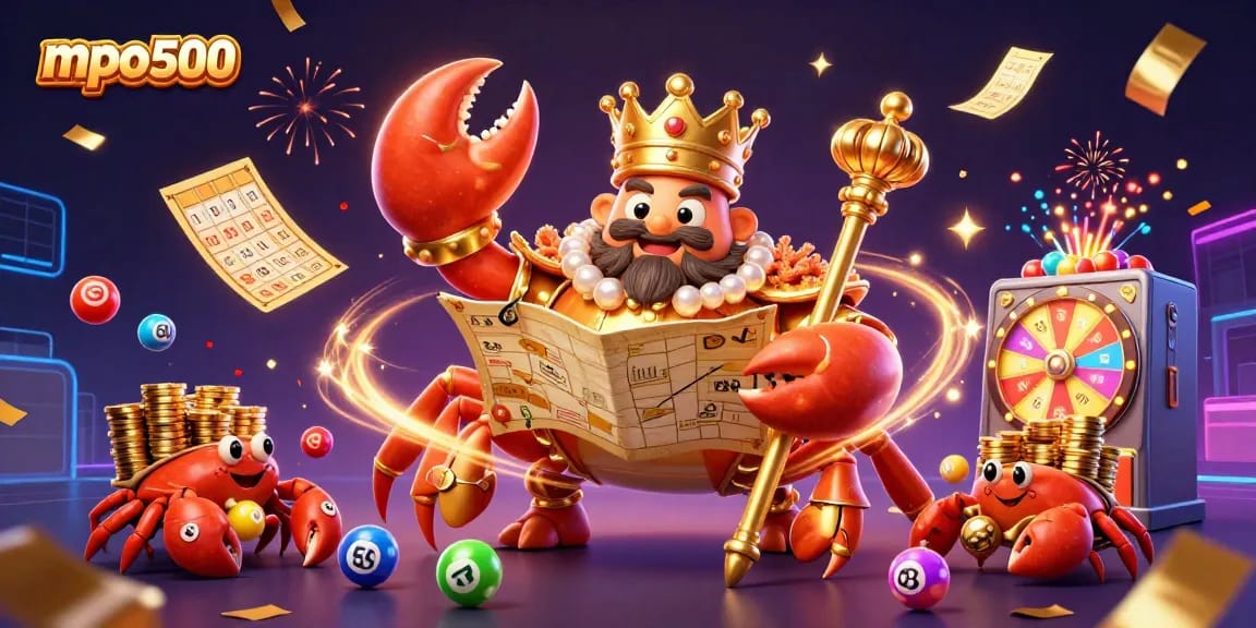 Experience the thrill of mpo500 with vibrant gaming elements and our golden crab mascot ruling the casino