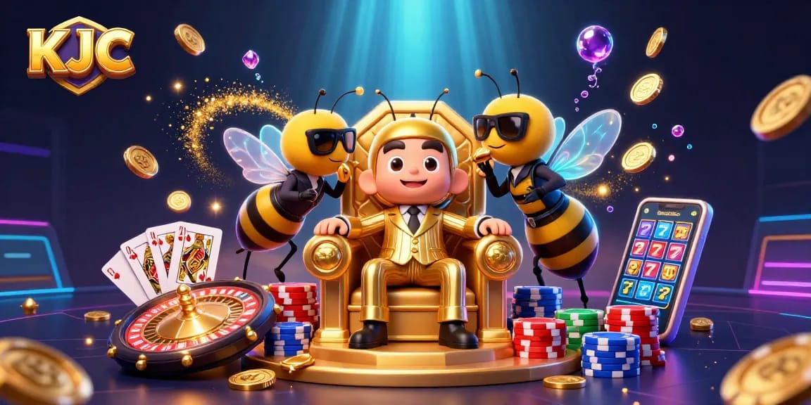 KJC leads exhilarating online gaming adventures with vibrant casino elements in a captivating 3D scene.