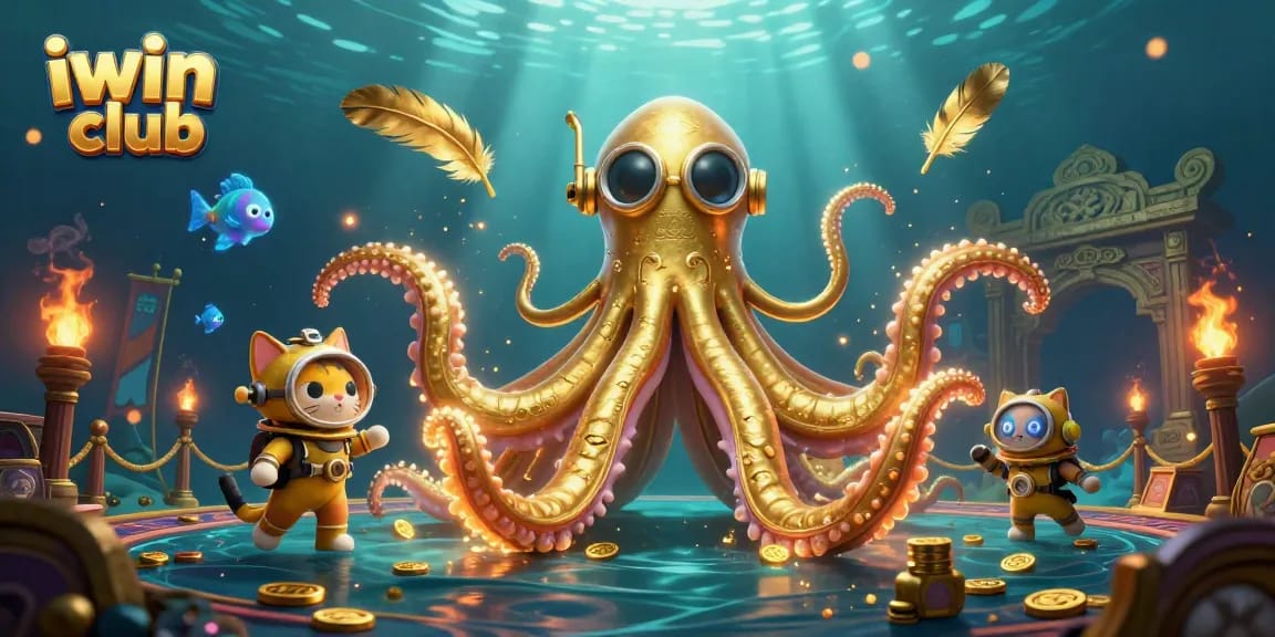 Experience the thrill of iwin club's underwater adventure with a golden kraken and diving cat.