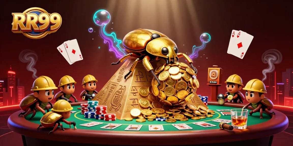 RR99 showcases an exciting scene with a golden beetle and poker elements in a vibrant casino atmosphere.