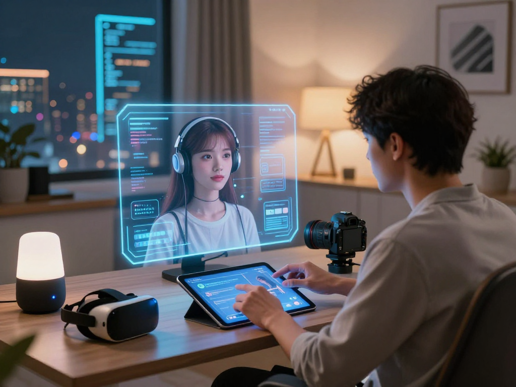 AI girlfriend avatar engaging with user in a modern tech workspace.