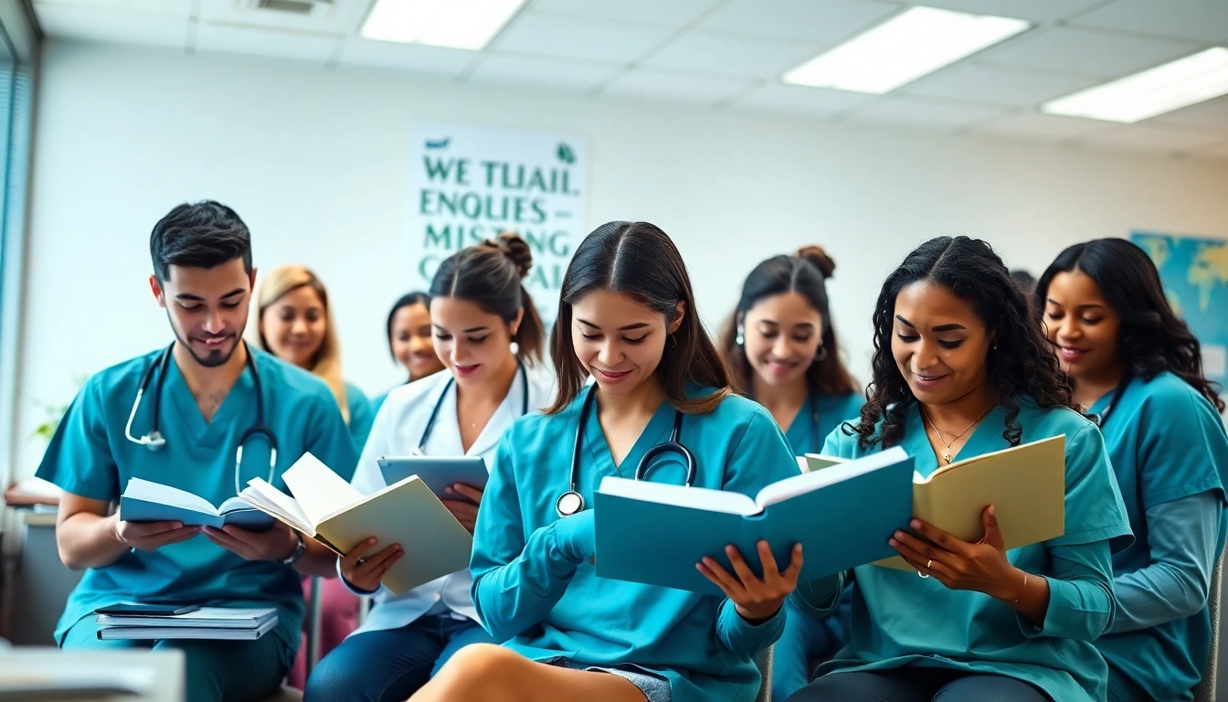 Students studying at an NCLEX review center Houston TX, showcasing collaborative learning in a modern environment.