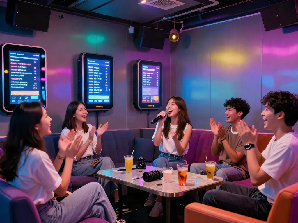 강남 달토에서 친구들과 즐겁게 노래하는 모습, 생생한 조명과 현대적인 인테리어.