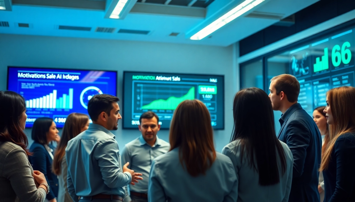 Sales team utilizing an AI sales tool in a collaborative office setting for increased productivity.