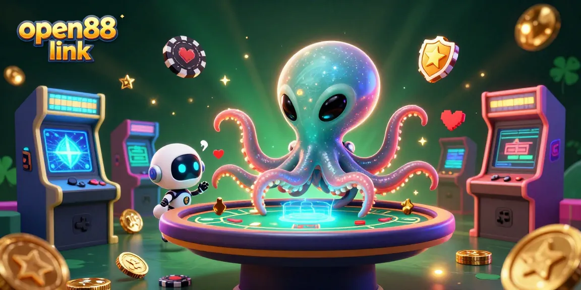 Experience an exciting open88 link with a 3D alien octopus at a poker table surrounded by casino elements.