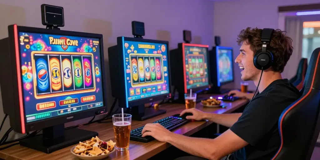 Pemain menikmati permainan slot di rumah dengan apk slot, suasana gaming yang seru dan menyenangkan.
