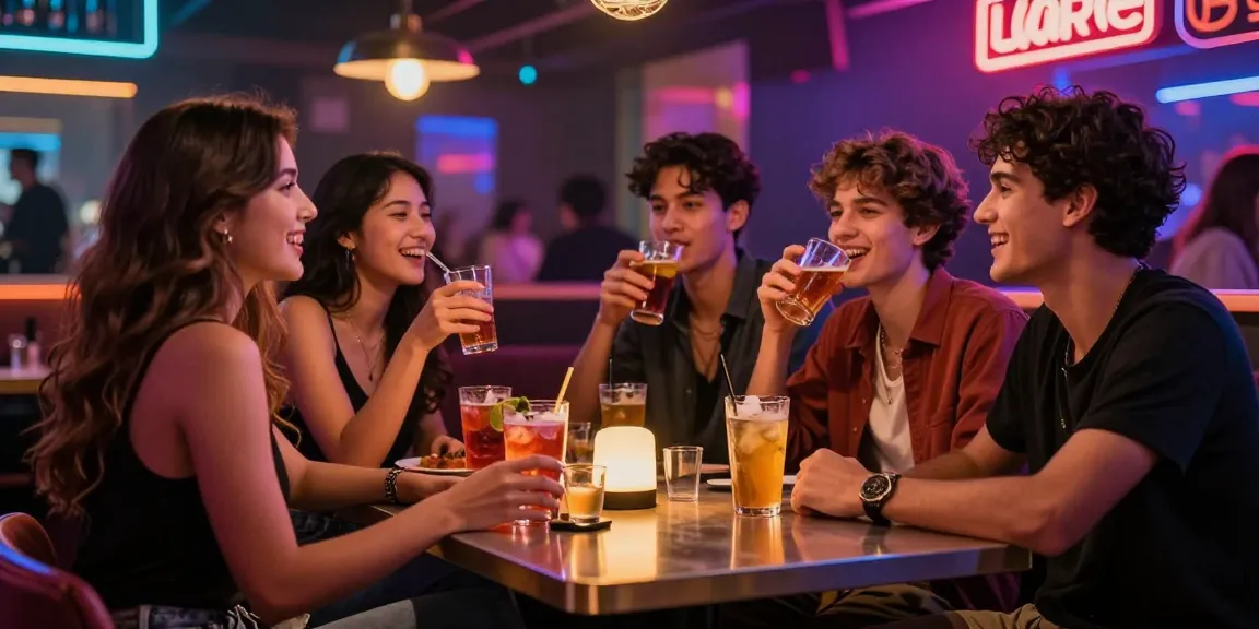 Enjoying drinks at a lively 유흥사이트 with friends in a vibrant nightlife setting.