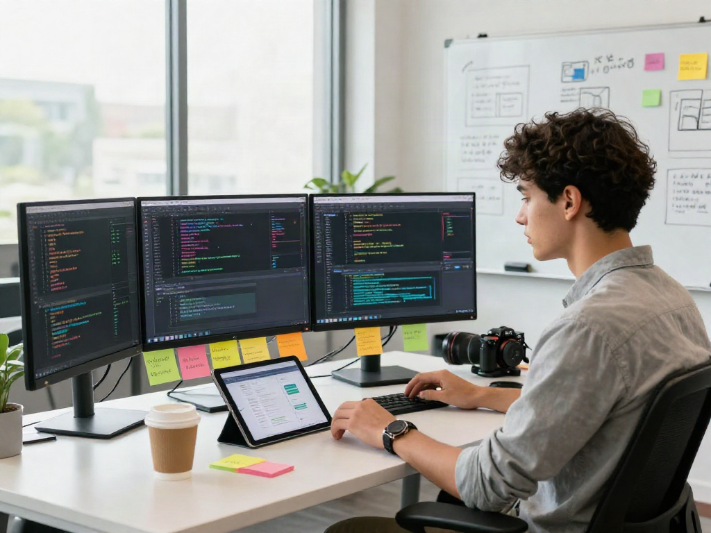 Developer coding on multiple screens in a vibrant workspace emphasizing gbwhatsapp integration, showcasing modern tech lifestyle.