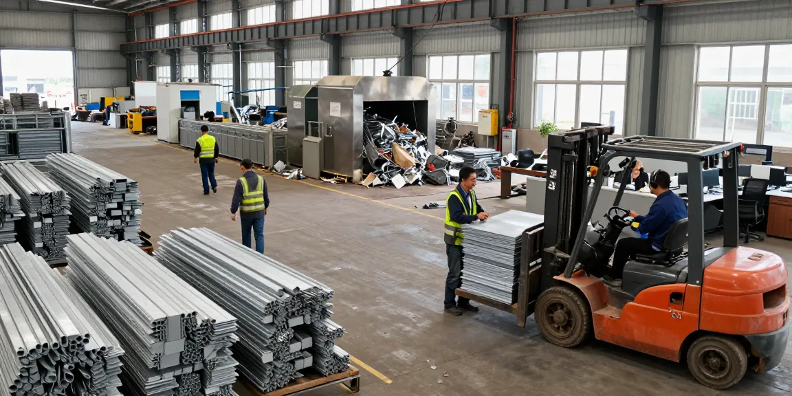Manajemen scrap metal mercury di https://www.scrapsolutionplace.com/ dengan pekerja terampil dan mesin beroperasi, menunjukkan efisiensi industri.