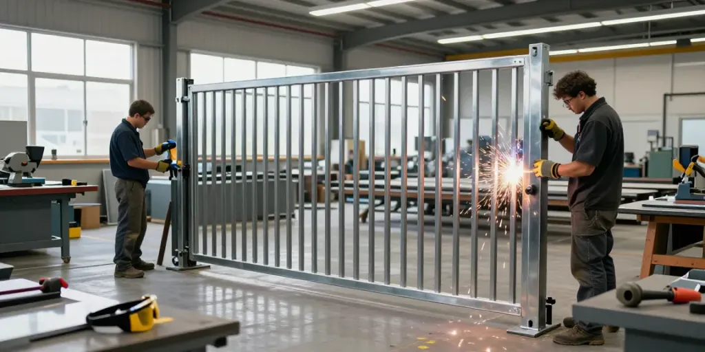Skilled metal fabricator welding a custom gate in a well-equipped workshop.