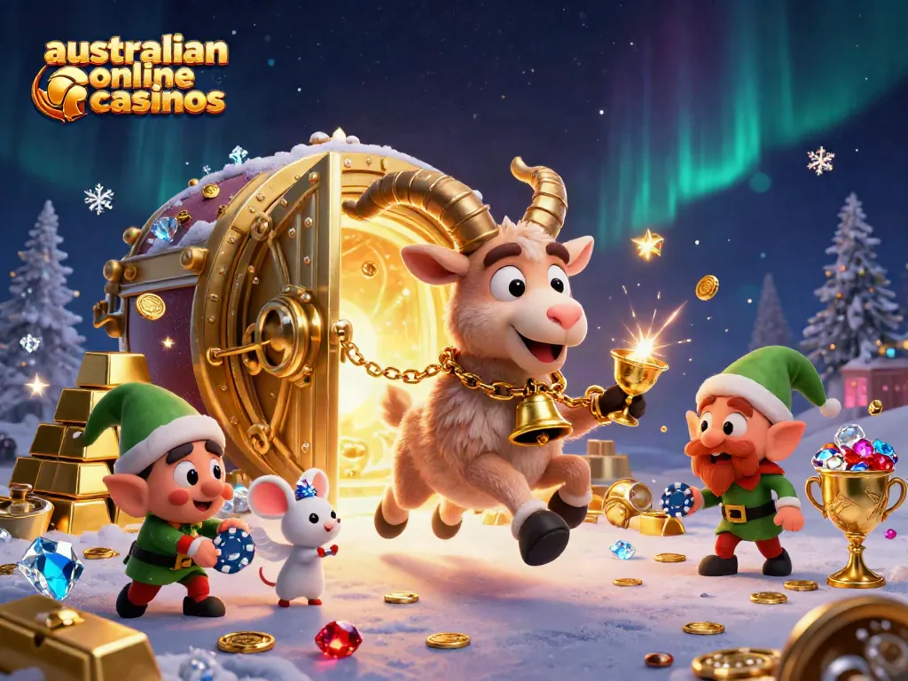 Experience vibrant action at australian online casinos with Krampus and lively game characters in a festive casino scene.
