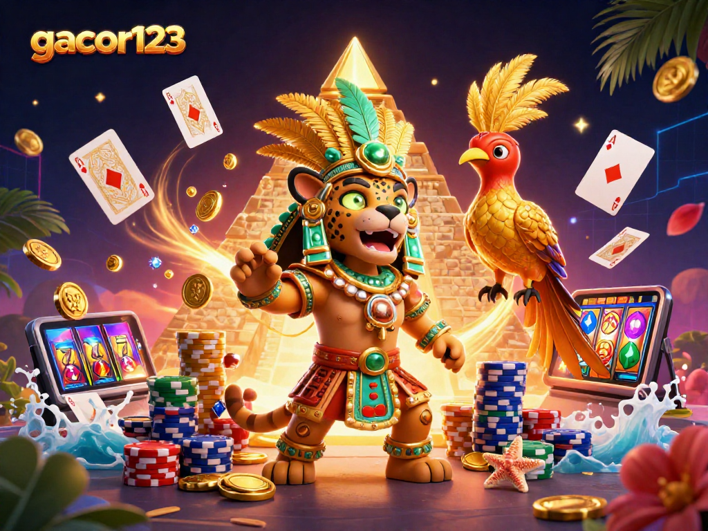 Experience big wins with gacor123 in this vibrant slot game scene with festive 3D characters.