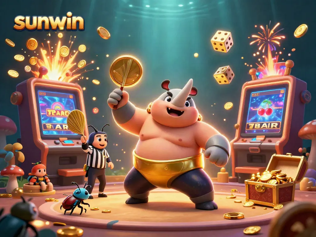 Experience thrilling wins at sunwin with a dynamic 3D illustrated casino scene featuring colorful games and action.