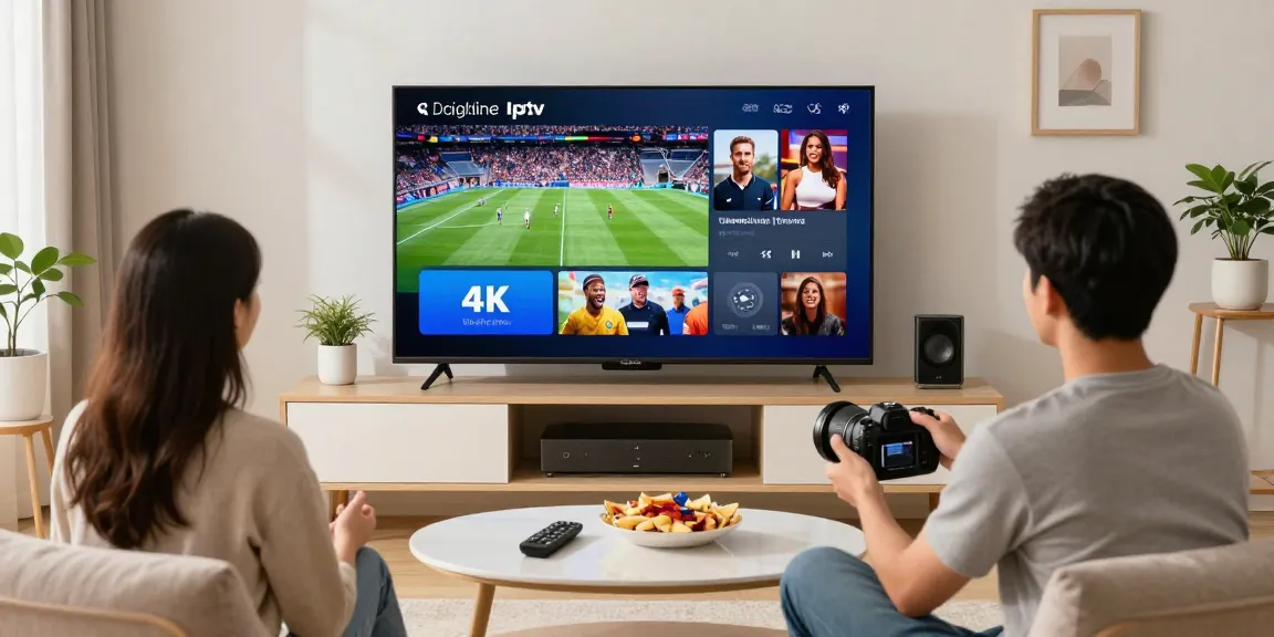Couple enjoying the digitaline iptv streaming service on a smart TV in their cozy living room.