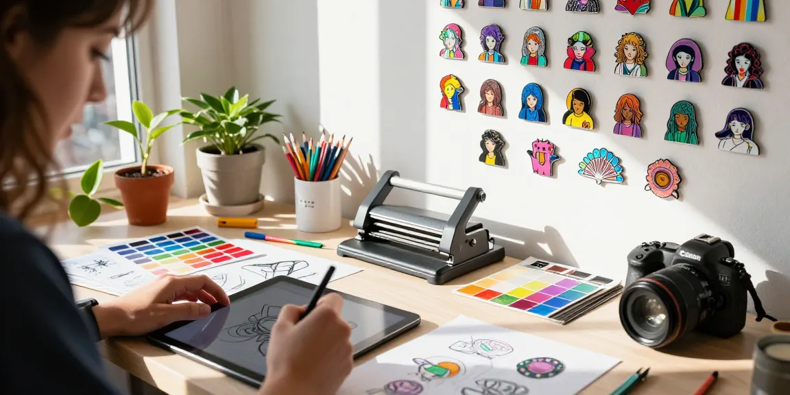 Custom acrylic pins being designed in a vibrant, creative workshop with samples and tools.