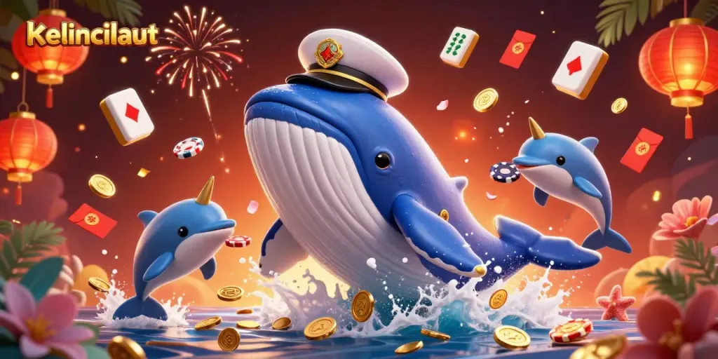 Experience kelincilaut's thrilling online gaming with playful dolphins, a golden narwhal, and captivating casino elements.