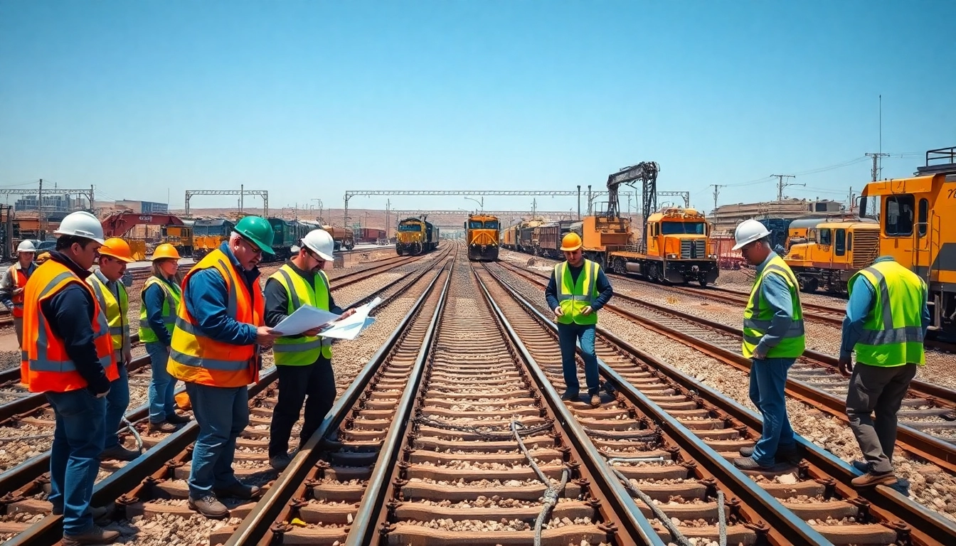 Railroad Contractors coordinating track laying efforts in a busy train yard, showcasing teamwork and industry.