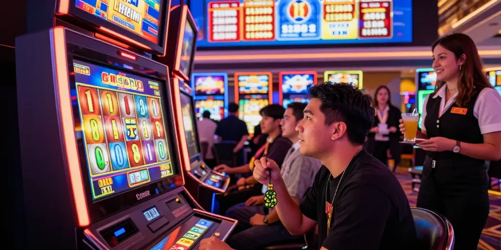 Engaged player enjoying slot gacor machine in a lively casino, vibrant lights and jackpot signs enhance excitement.