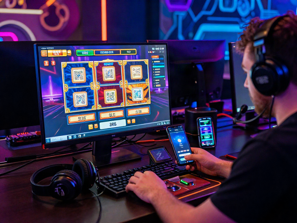 Player engaging in online gaming with slot deposit qris options, showcasing vibrant graphics and gaming setup.