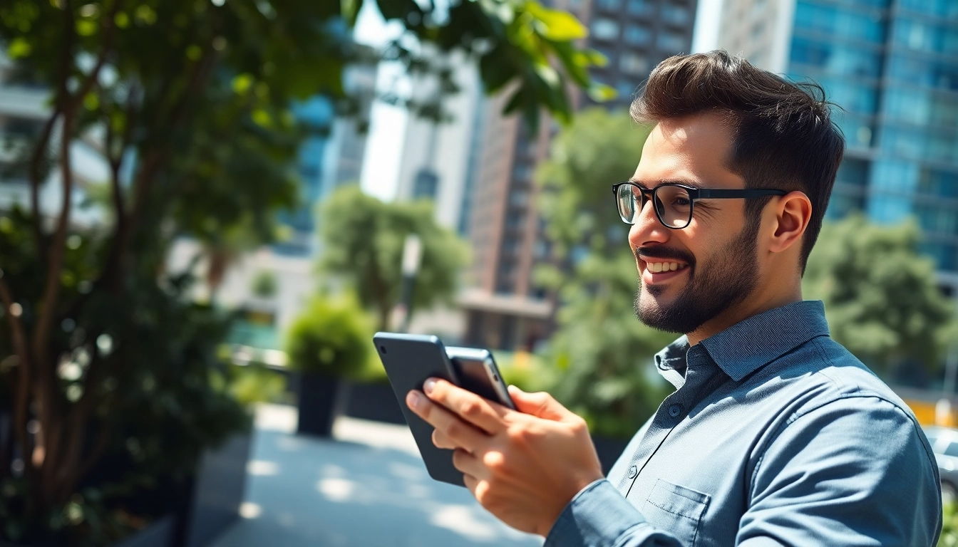 Bekijk de nieuwste gadgets op https://www.mannenmag.nl/ met een man in een moderne stedelijke omgeving.