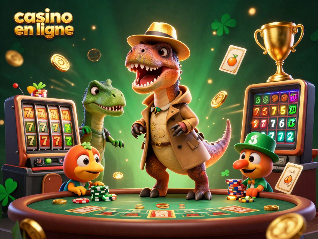 Un velociraptor au blackjack dans un casino en ligne, créant une ambiance festive.
