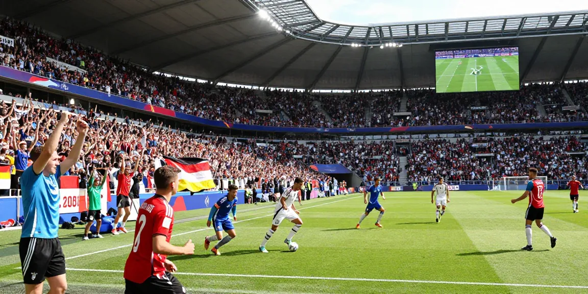 Excitement of TheFappening as Germany's national football team plays in a packed stadium with cheering fans.