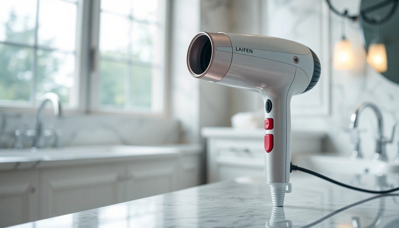 Laifen hair dryer elegantly displayed in a modern bathroom, showcasing its sleek design and advanced technology.