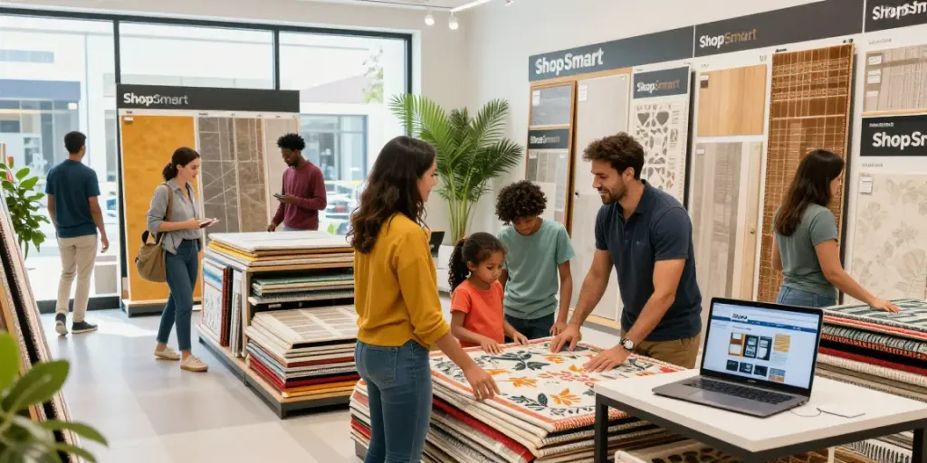 Shopsmart customers exploring eco-friendly flooring options in an inviting retail space.