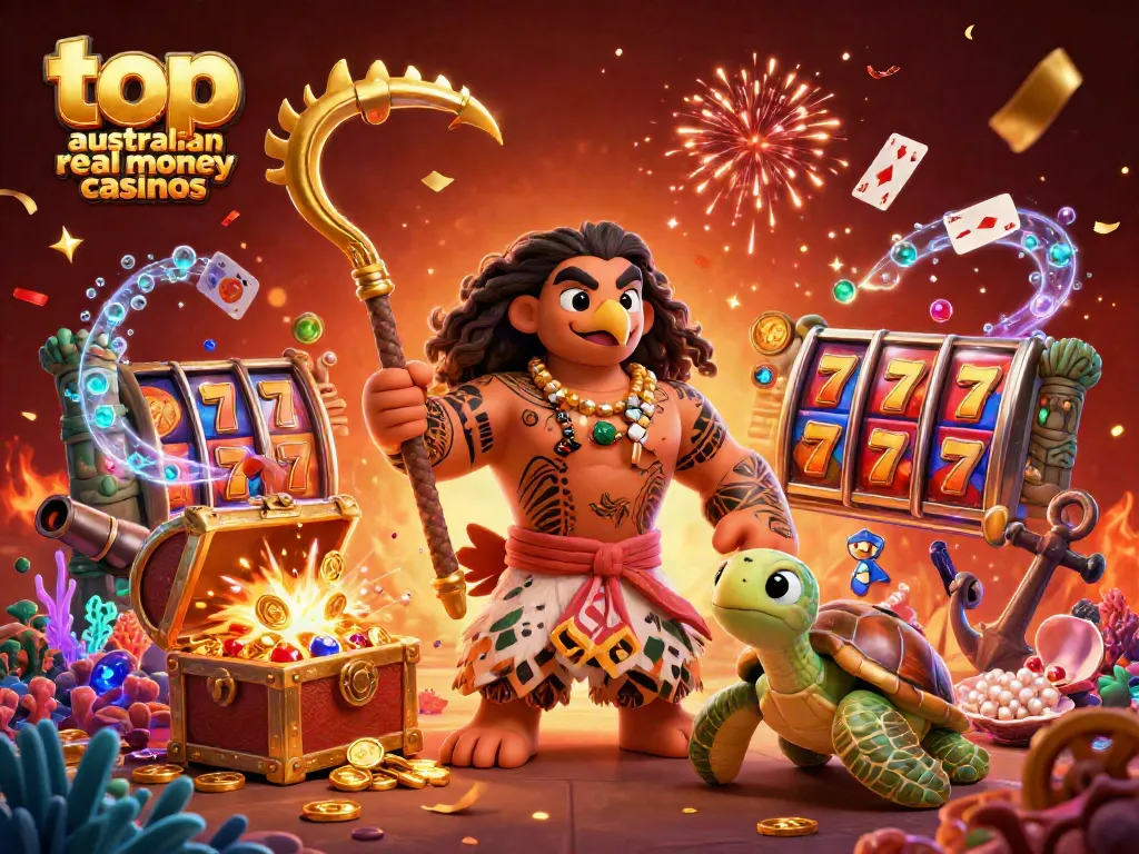 Experience top australian real money casinos with vibrant game elements and dynamic characters in a lively scene.