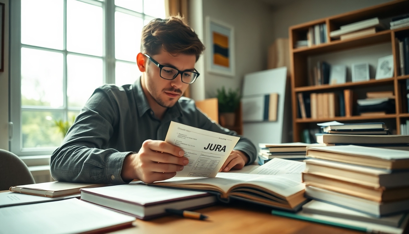 Student studying with Jura Karteikarten surrounded by notes in a calm study room.