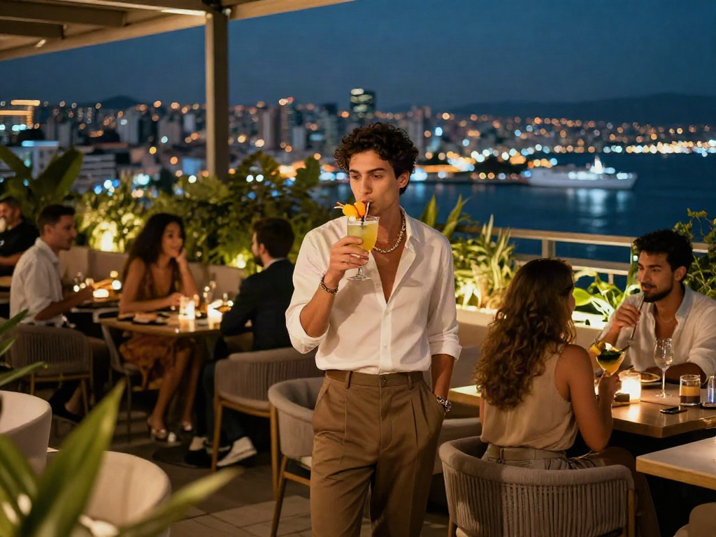 Izmit escort ile şık bir gece hayatı deneyimi, çatı barında arkadaşlarla keyifli anlar.