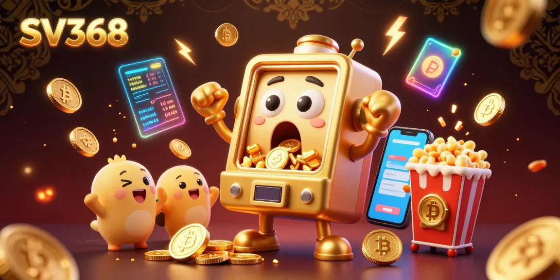 Hit the jackpot with SV368's thrilling slot machine scene featuring crypto elements and joyful characters.